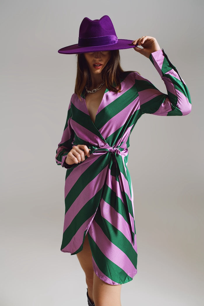 Q2 Satin Lilac & Green Striped Wrap Dress | DJV Boutique, Ipswich Q2 Satin Lilac & Green Striped Wrap Dress | DJV Boutique, Ipswich