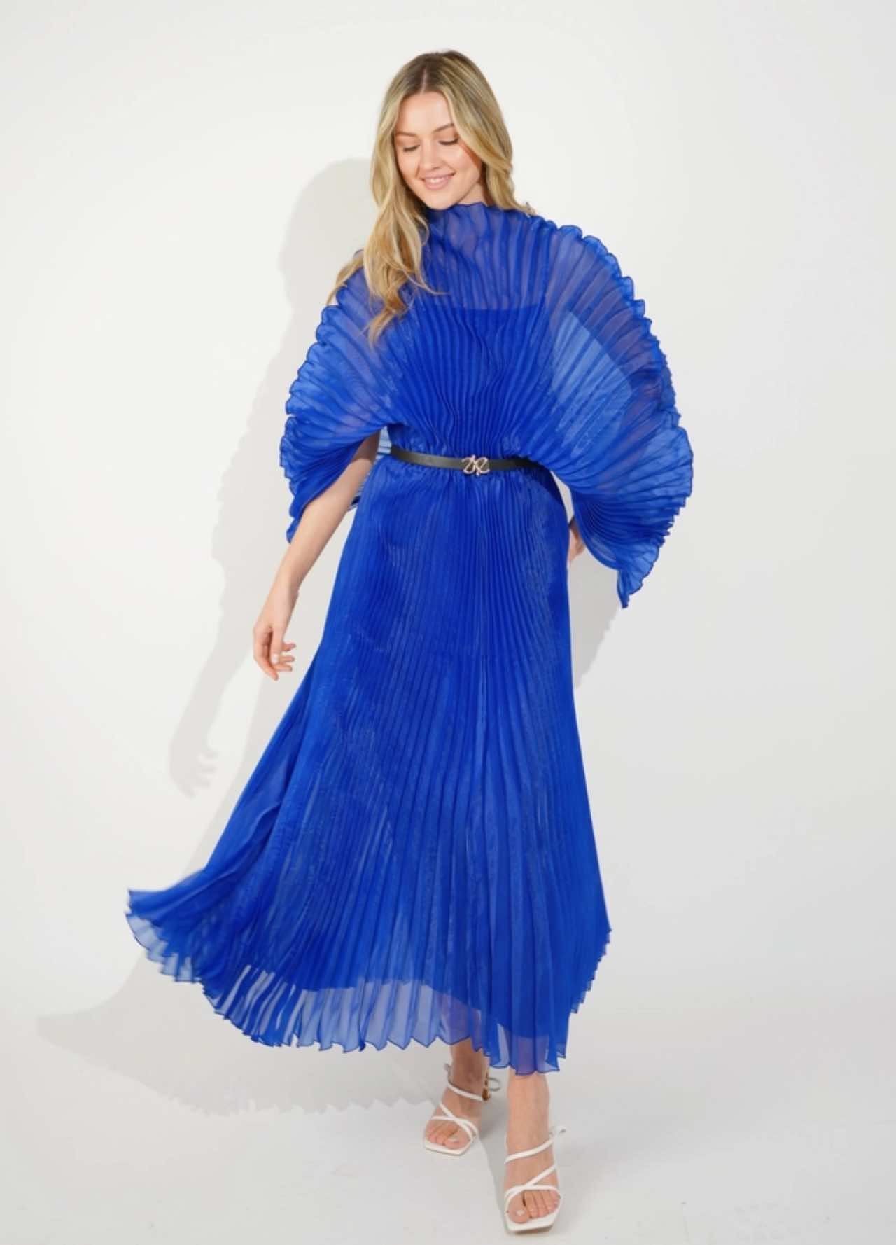 Pleated Long Dress with Pleated Cape Sleeve in Bright Blue DJV Boutique Pleated Long Dress with Pleated Cape Sleeve in Bright Blue DJV Boutique