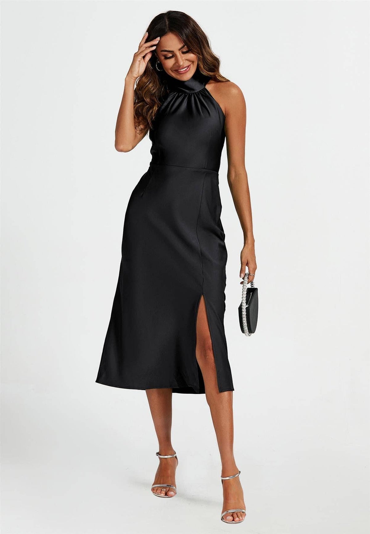 Satin Halter Neck Black Dress