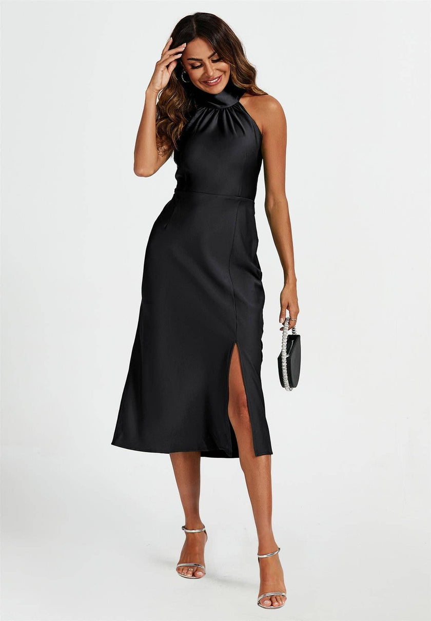 Satin Halter Neck Black Dress