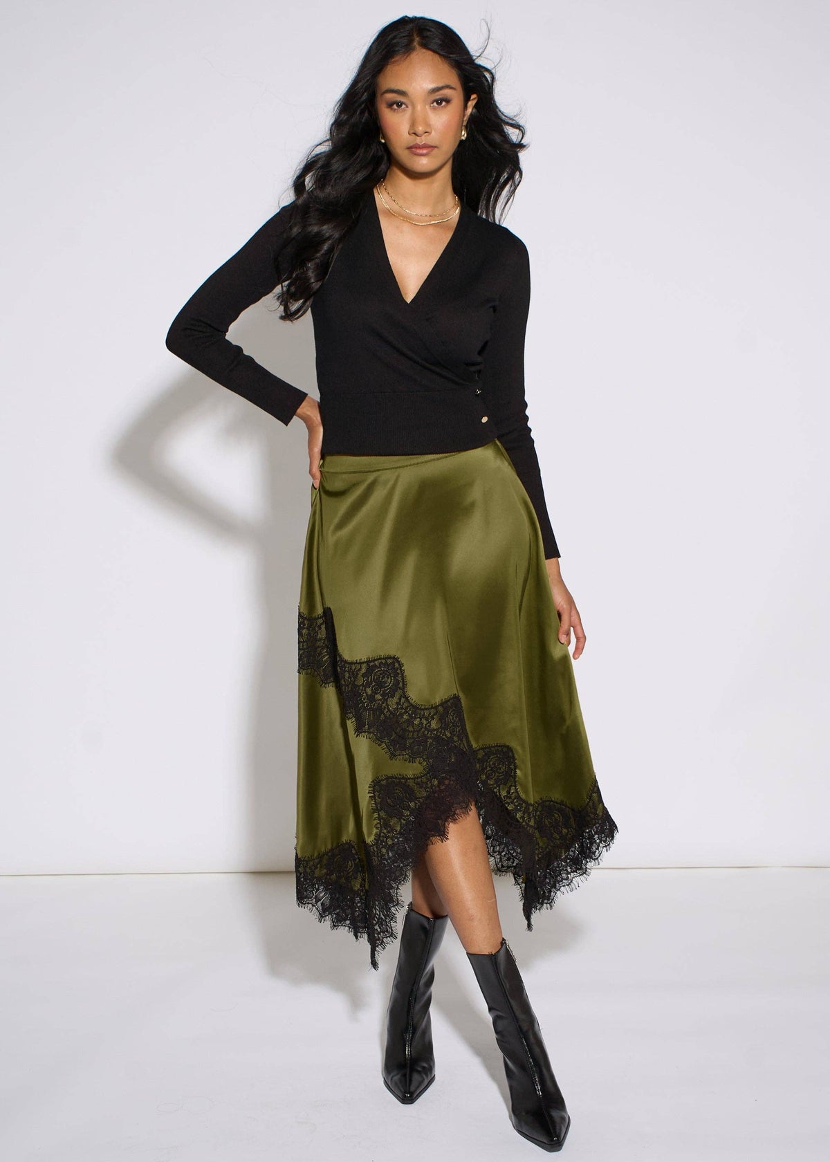 Satin Asymmetric Lace Hem Skirt