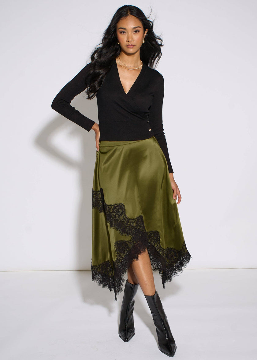 Satin Asymmetric Lace Hem Skirt