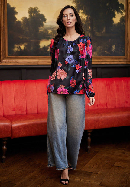 Angeleye Elegant Black Satin floral Top