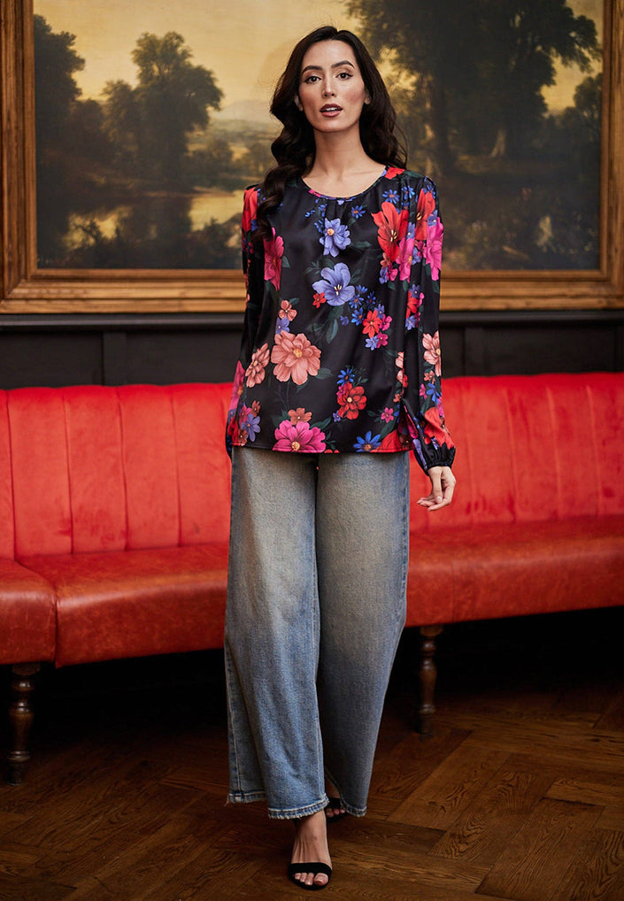 Angeleye Elegant Black Satin floral Top