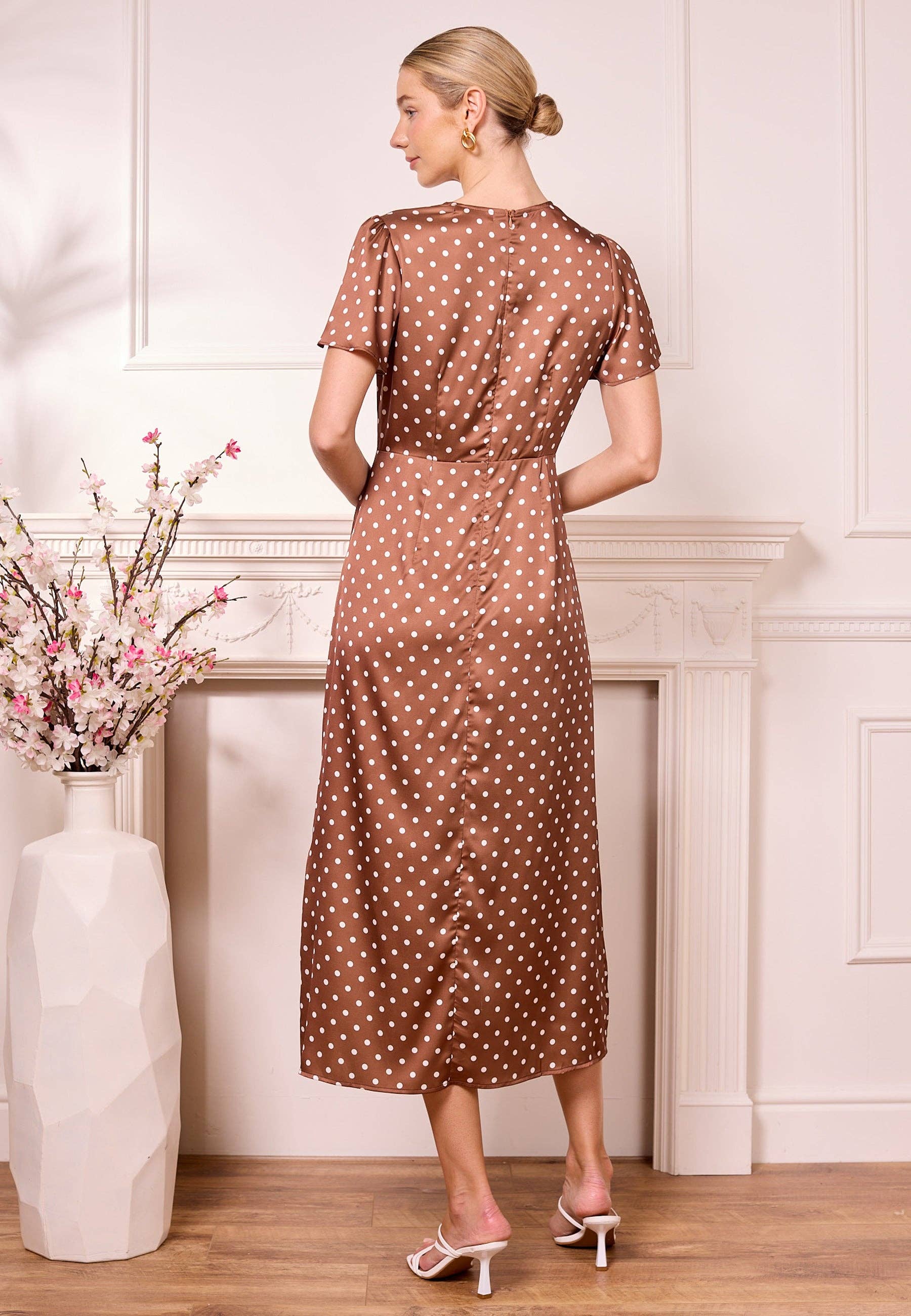 Angeleye Satin Polka Dot Dress - Brown