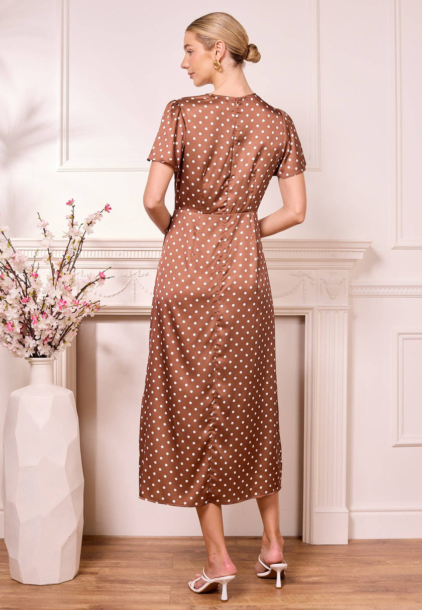 Angeleye Satin Polka Dot Dress - Brown