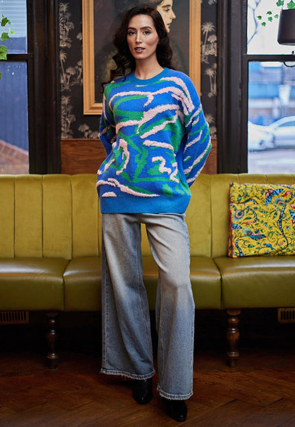 Abstract Print Soft-Knit Jumper Blue/Green