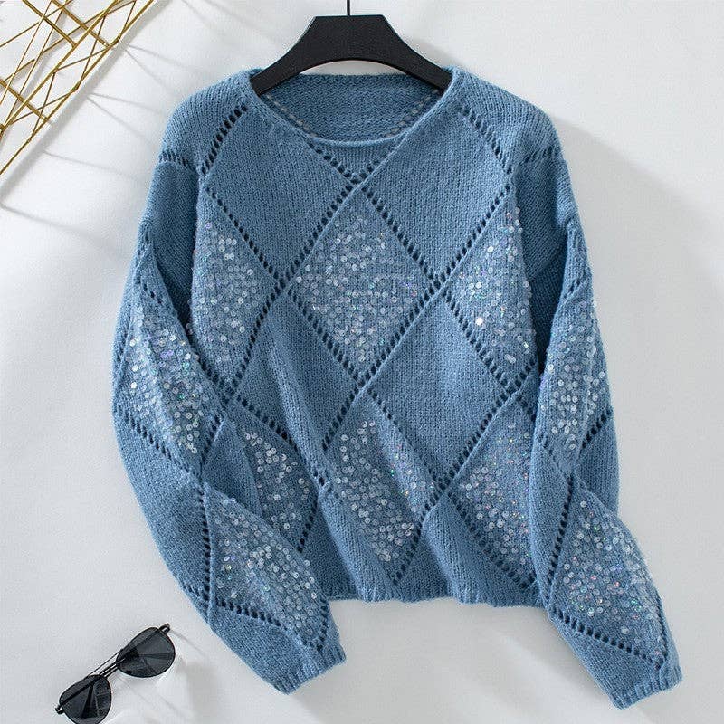 Loose Knit Sequin Hollow Jumper- Mid Blue