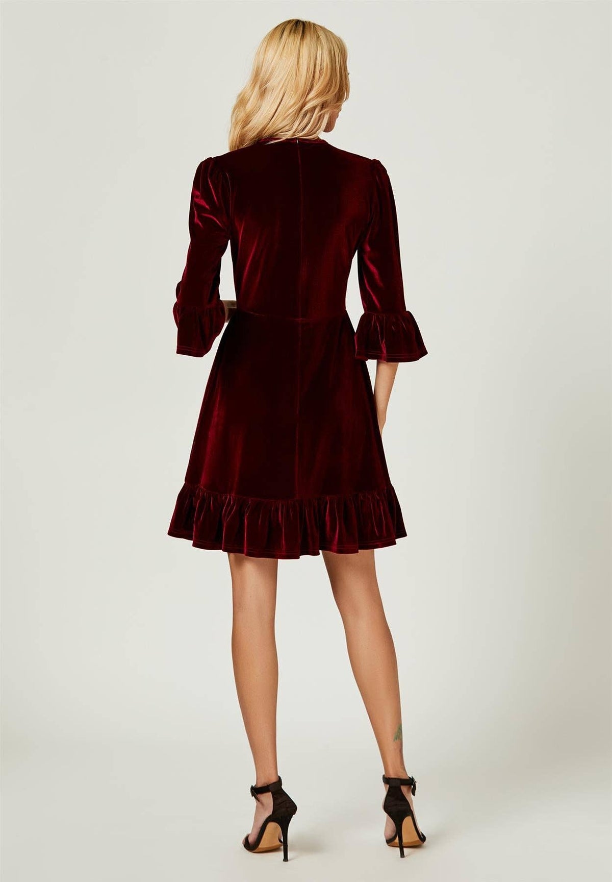 Wine Velour Frill Mini Dress