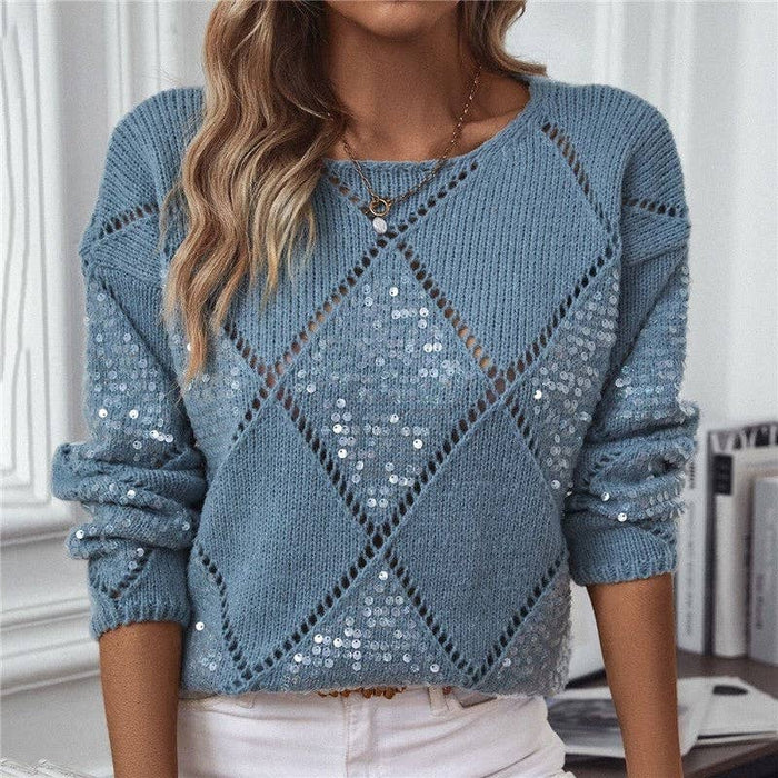 Loose Knit Sequin Hollow Jumper- Mid Blue