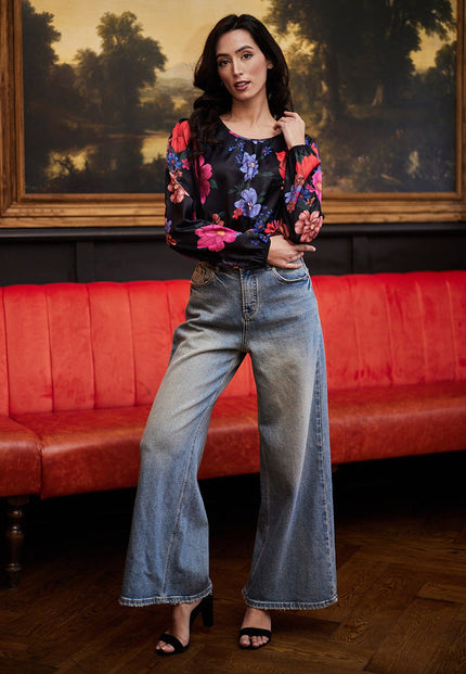 Angeleye Elegant Black Satin floral Top