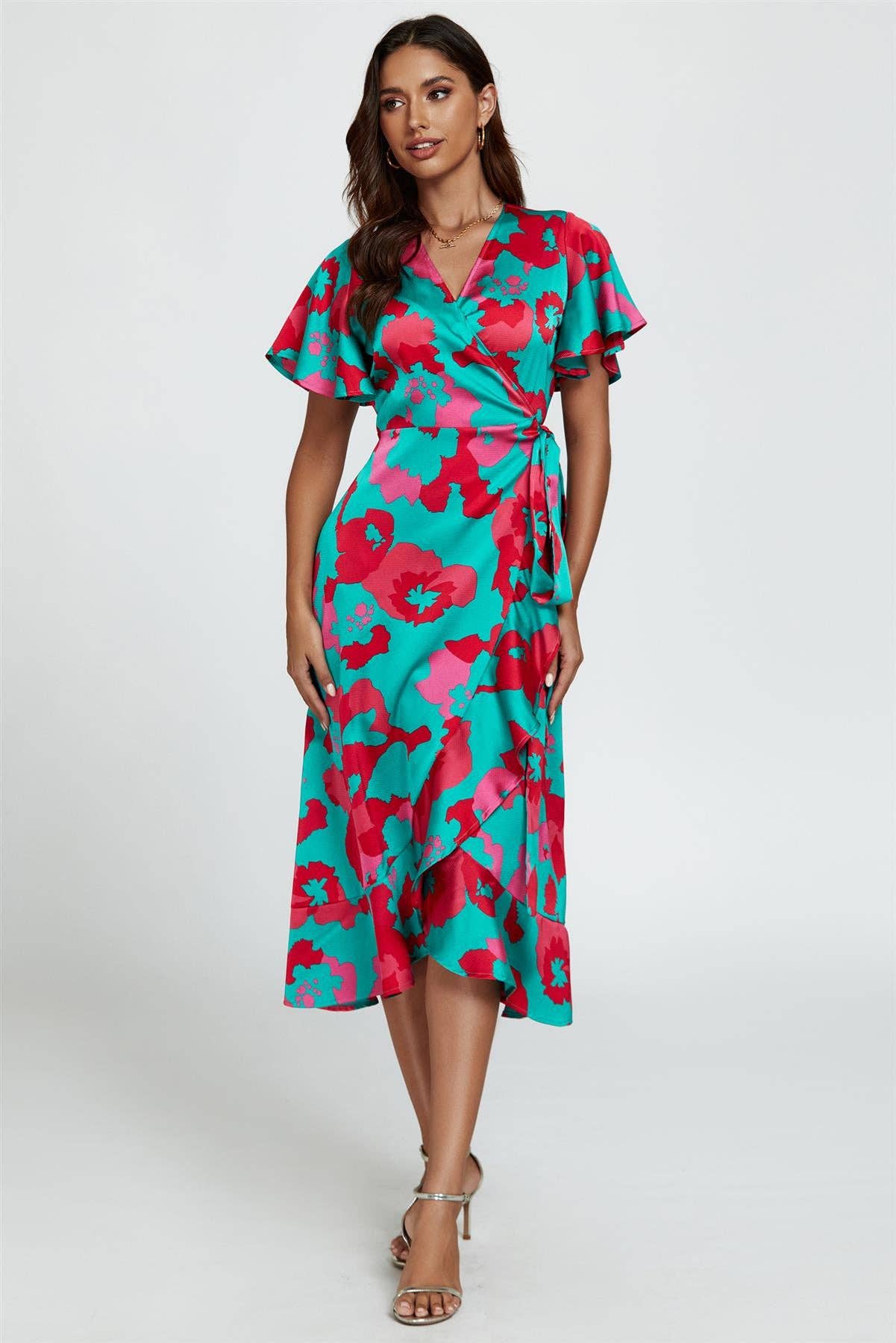 Abstract Floral Turquoise/Pink Wrap Dress
