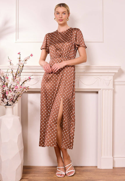 Angeleye Satin Polka Dot Dress - Brown