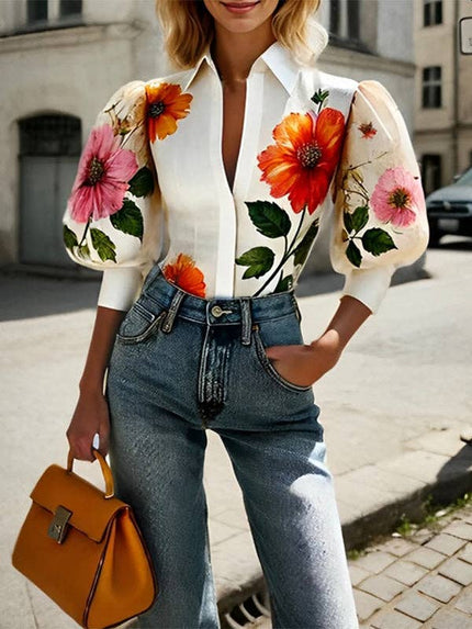 Puff sleeve white Blouse - bold floral print