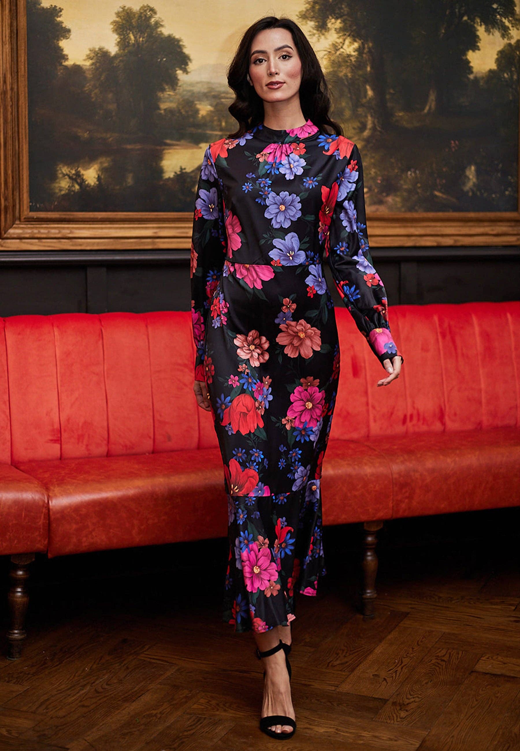 Elegant Black Satin floral Midi Dress