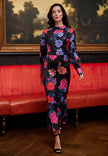 Elegant Black Satin floral Midi Dress