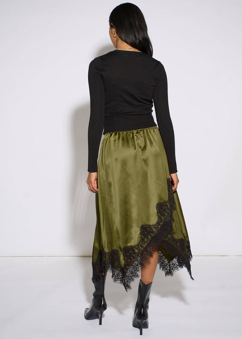 Satin Asymmetric Lace Hem Skirt