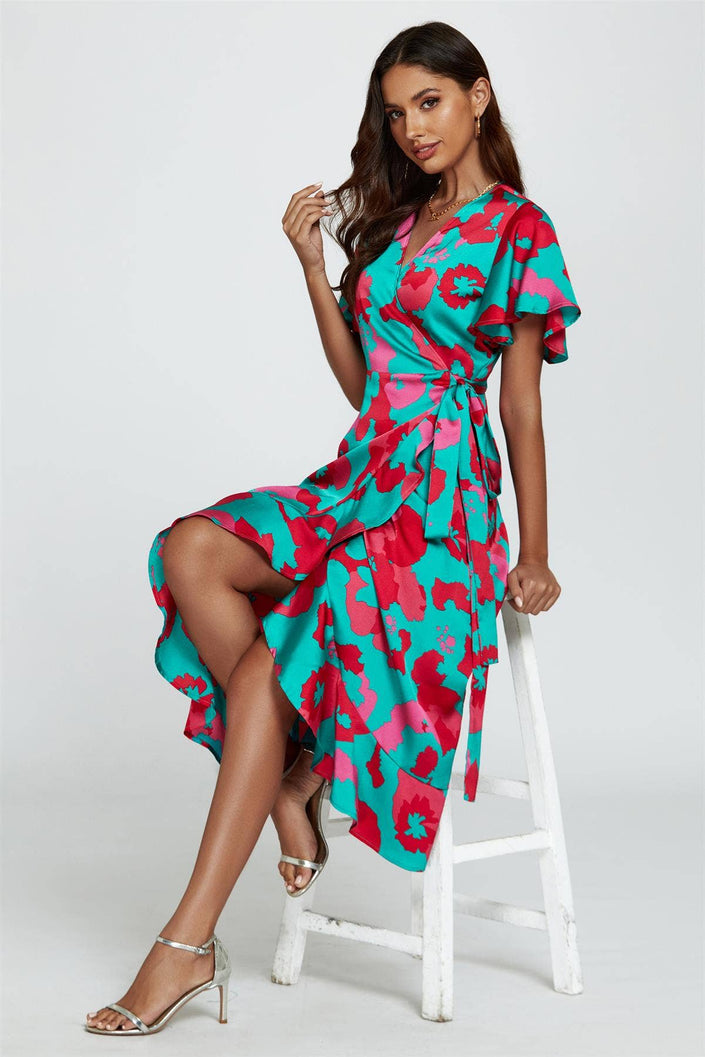 Abstract Floral Turquoise/Pink Wrap Dress