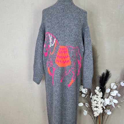 Soft Knit Grey Cardi/Neon Horse Print Back