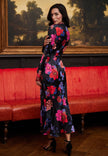 Elegant Black Satin floral Midi Dress