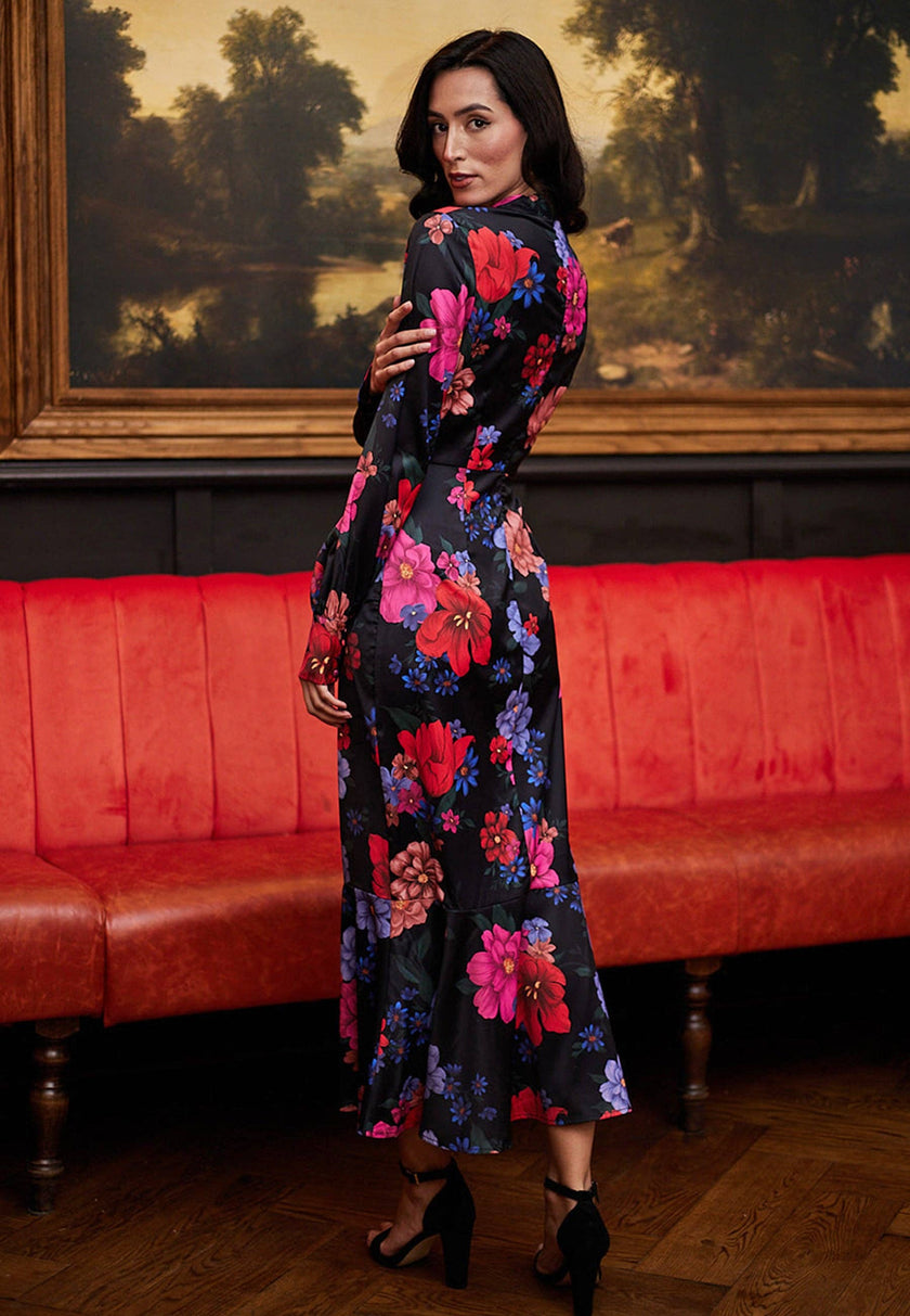Elegant Black Satin floral Midi Dress