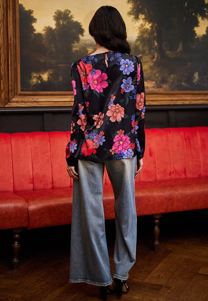 Angeleye Elegant Black Satin floral Top