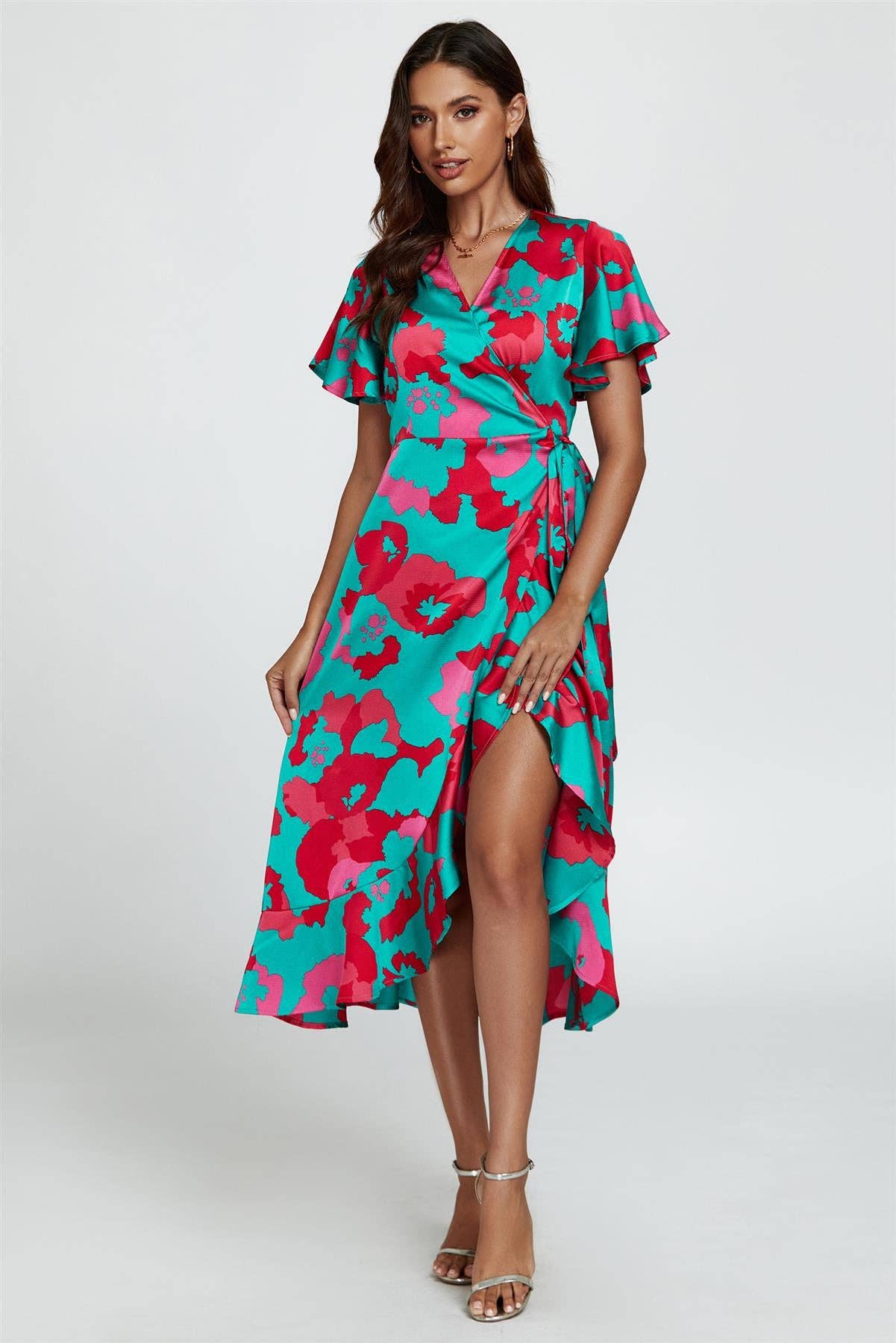 Abstract Floral Turquoise/Pink Wrap Dress
