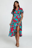 Abstract Floral Turquoise/Pink Wrap Dress