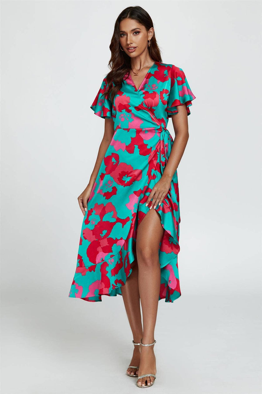 Abstract Floral Turquoise/Pink Wrap Dress
