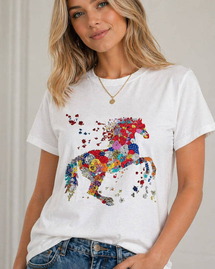 Crystal Sequin Horse White Tee