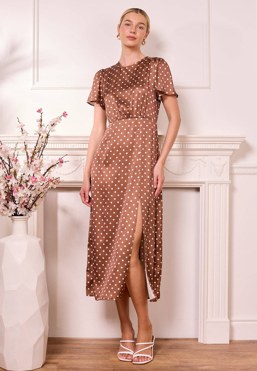 Angeleye Satin Polka Dot Dress - Brown