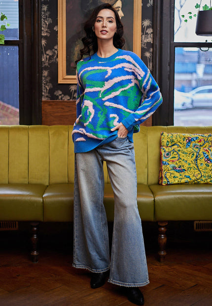 Abstract Print Soft-Knit Jumper Blue/Green