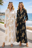 White & Gold Palm Print Linen Look Shirt Dress