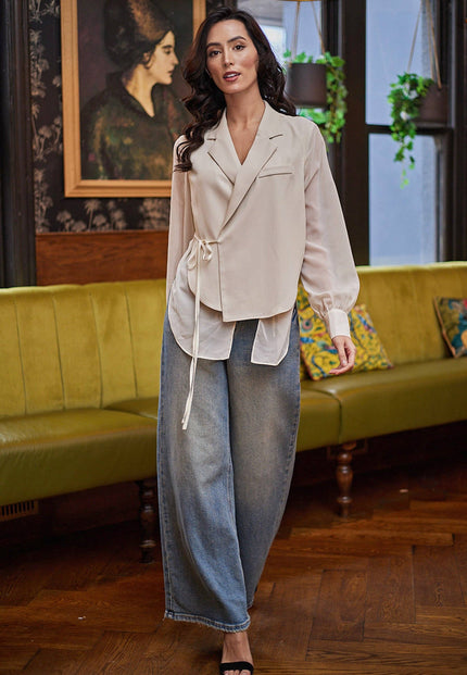 Sheer Wrap Over Blouse-Beige