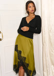 Satin Asymmetric Lace Hem Skirt