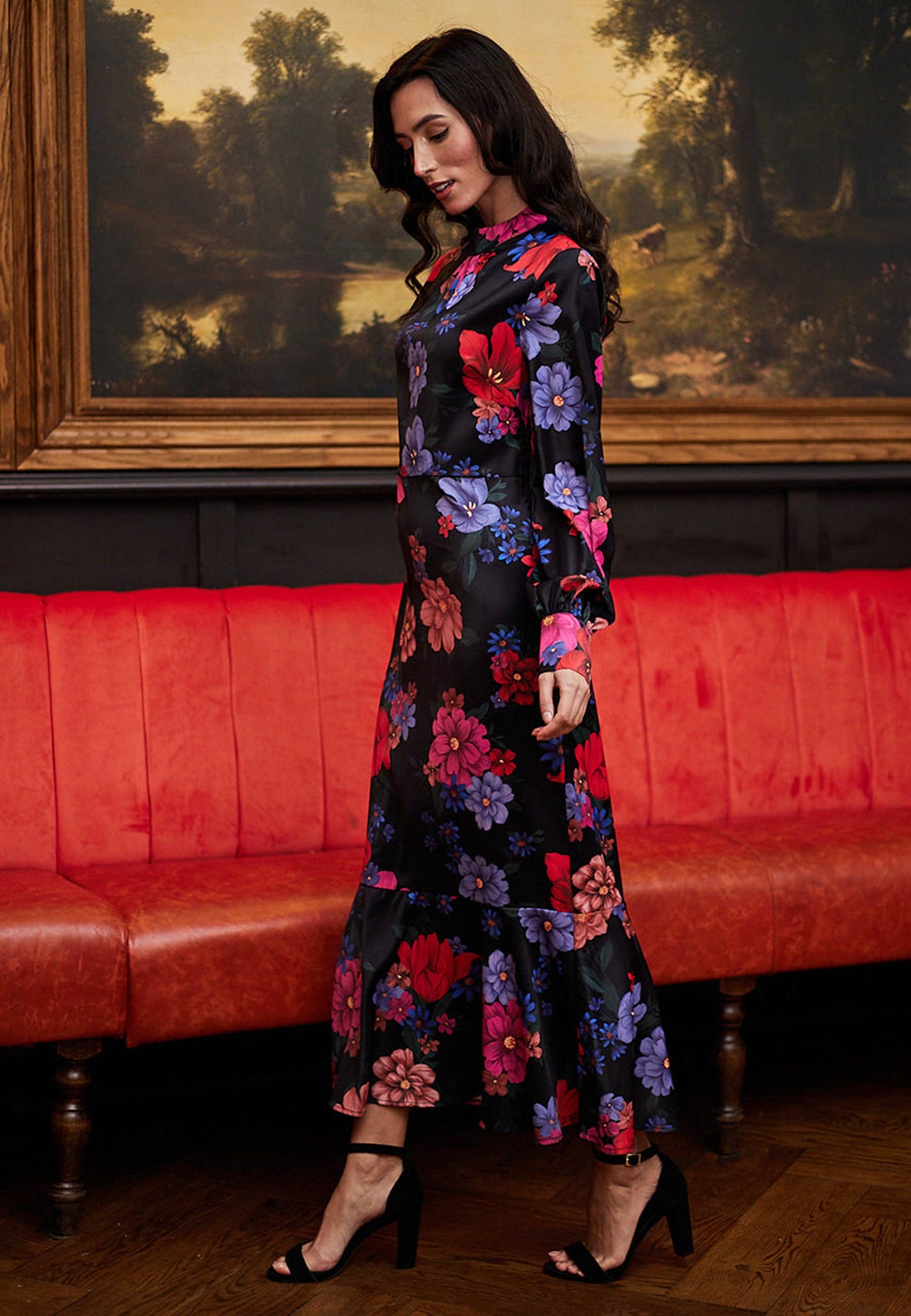 Elegant Black Satin floral Midi Dress