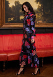 Elegant Black Satin floral Midi Dress