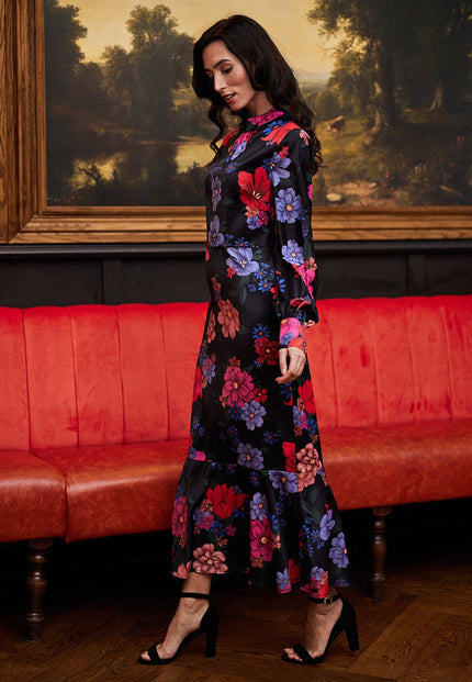 Elegant Black Satin floral Midi Dress