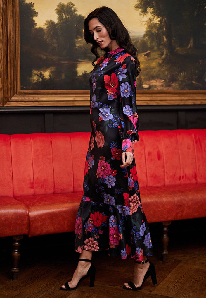 Elegant Black Satin floral Midi Dress