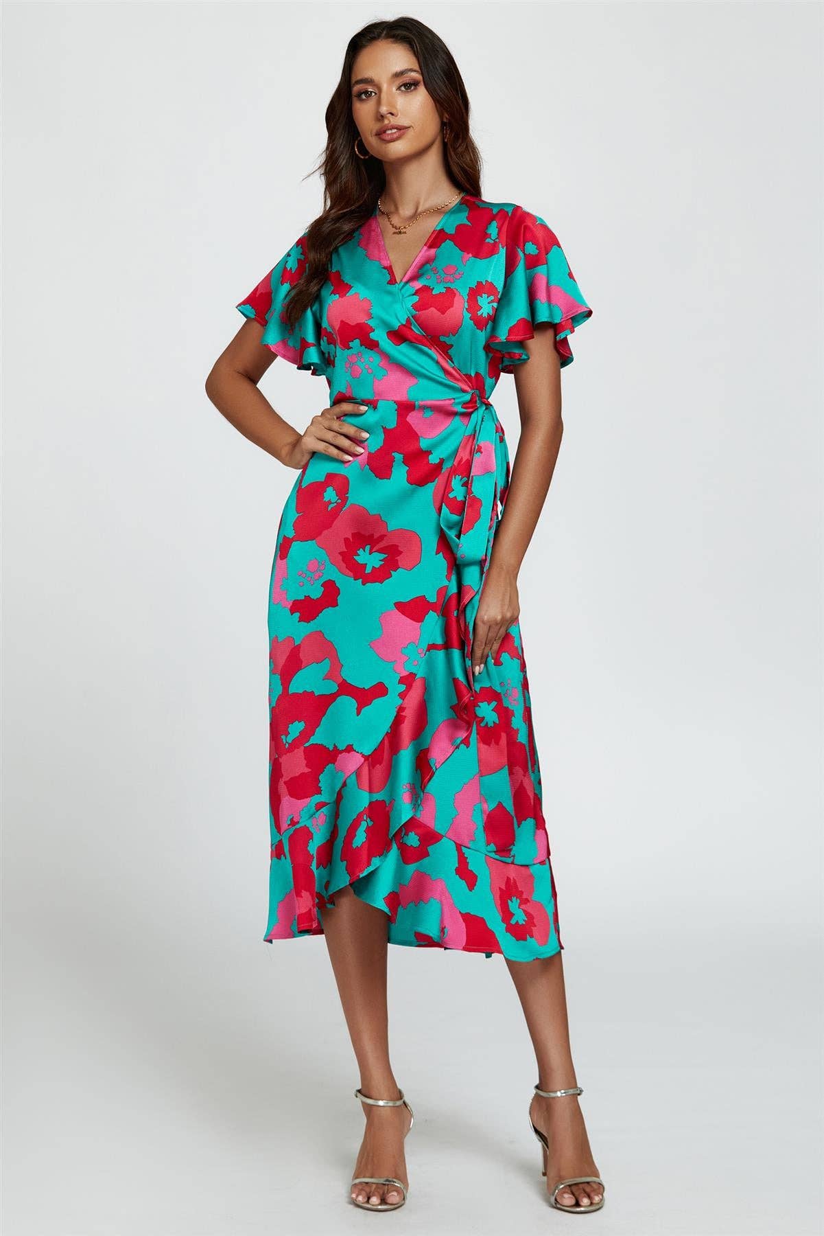 Abstract Floral Turquoise/Pink Wrap Dress