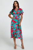 Abstract Floral Turquoise/Pink Wrap Dress