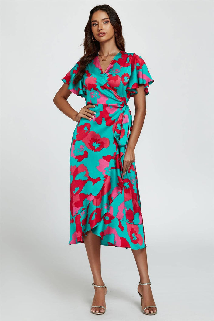 Abstract Floral Turquoise/Pink Wrap Dress