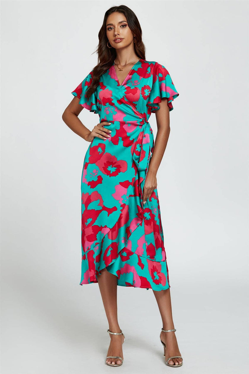 Abstract Floral Turquoise/Pink Wrap Dress