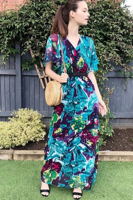 Chiffon_Floral_Print_Wrap_Dress_Turquoise_Green_DJV_Boutique_Ipswich