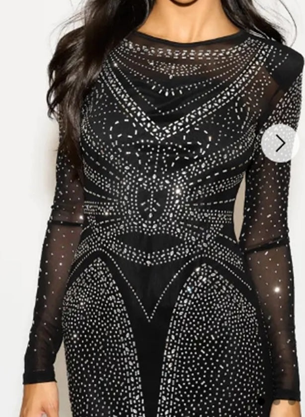 Diamante Embellished Long-Sleeved Evening Dress