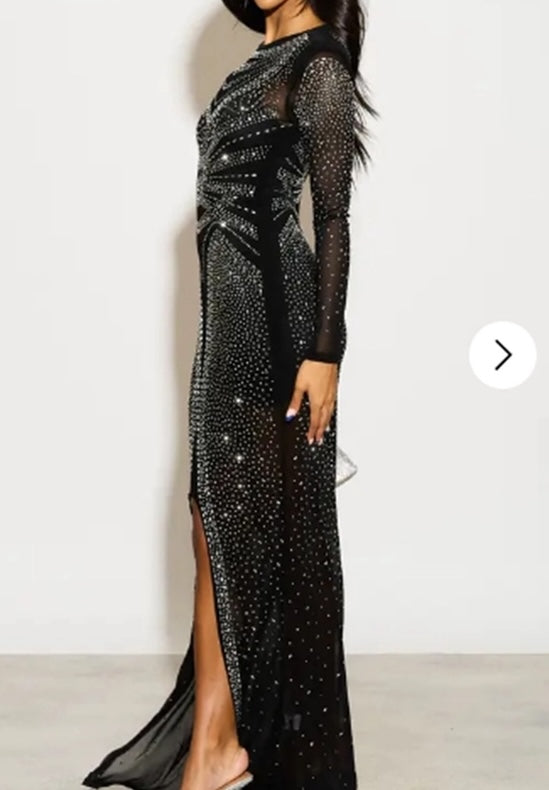Diamante Embellished Long-Sleeved Evening Dress