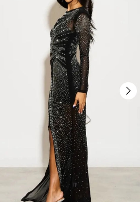 Diamante Embellished Long-Sleeved Evening Dress