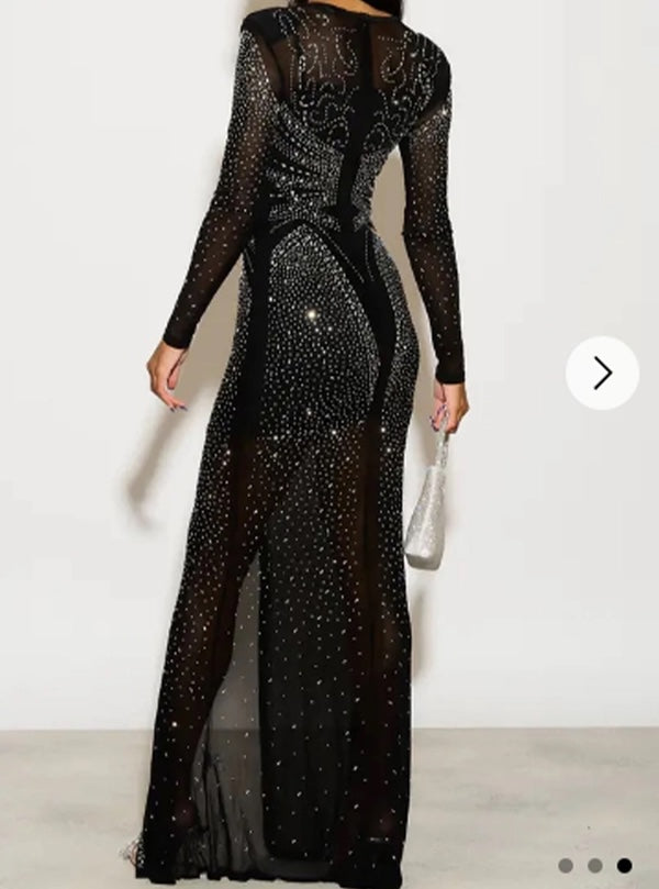 Diamante Embellished Long-Sleeved Evening Dress