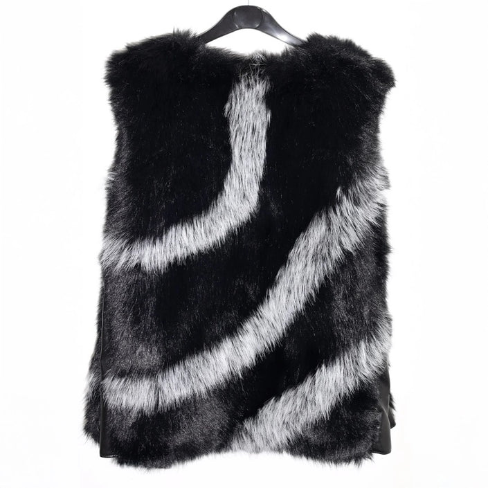 Faux Fur Geometric Accents Gilet (Jewelled Clasp)  Black/Grey