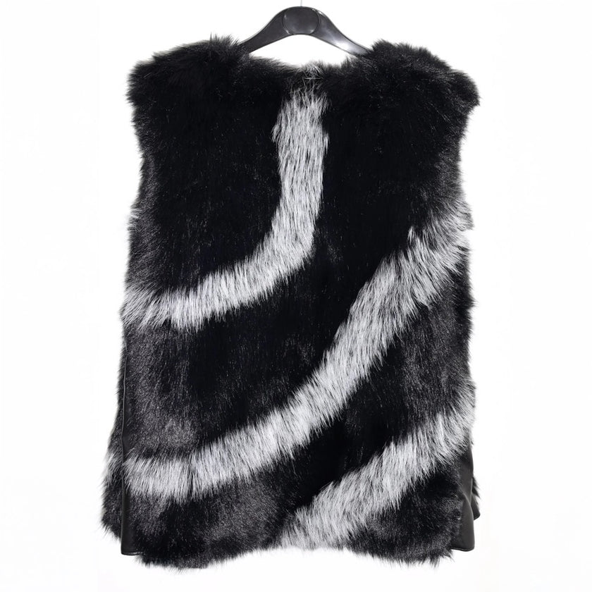 Faux Fur Geometric Accents Gilet (Jewelled Clasp)  Black/Grey
